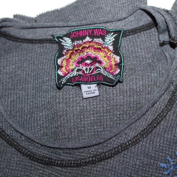 Johnny Was Biya JWLA 3J Workshop Thermal Waffle Embroidered Gray Top Pullover M - Picture 4 of 6